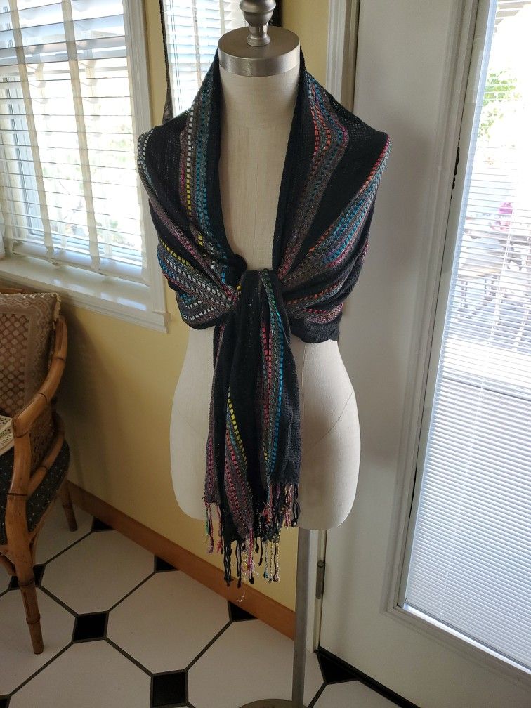 Vintage Woven Head Scarf, Shawl Wrap With Woven Ribbon Mexico 