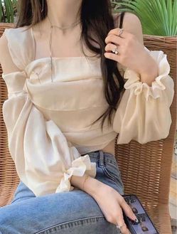 Cream Satin Crop Top with Puff Sleeves