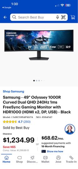 SAMSUNG 49-inch Odyssey G9 (G91F) DQHD, 144Hz, Curved Gaming Monitor, Ultra-Wide 32:9 Screen, DisplayHDR 600, AMD FreeSync™ Premium Pro, Ergonomic Sta