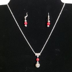 Women’s Red Coral Pendant Necklace Earrings Set Handmade