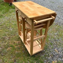 Kitchen Dining Table Foldable with Wooden Handle Semicircle Dining Cart with Round Stools Burlywood