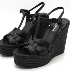 Saint Laurent Maine 85 Espadrille Wedge Sandals Black Leather YSL Size 39 Italy
