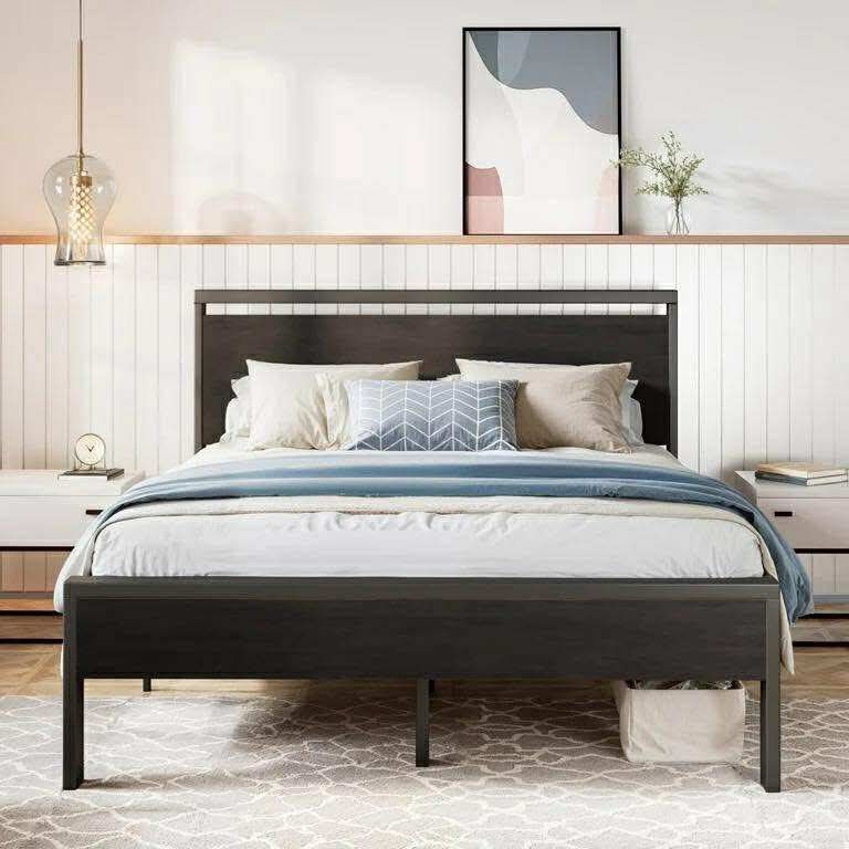 Queen Size Metal Platform Bed Frame with Wooden Headboard & Footboard, Black Oak