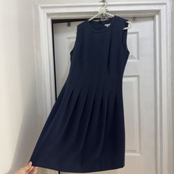 H&M Womens Size 8 Dress Navy Blue Woven A Line Zipper Sleeveless Pleated Dress