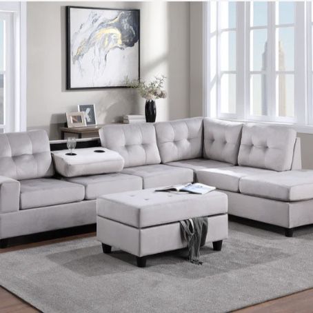 Heights Silver Velvet Reversible Sectional with Storage Ottoman ( sectional couch sofa loveseat options