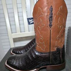 Tony Lama Burnished Caiman Belly Western Boot Broad Square Toe Men Sz 9.5 DEFECTIVE