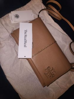 Tory Burch McGraw Wallet Crossbody featuring a debossed double-T logo and decorative vertical hand-stitching