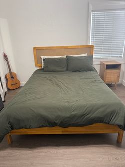 Wood and Rattan Platform Bed Frame