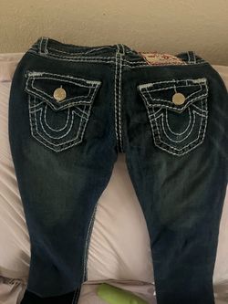 True Religion Dark Blue Super T Flare Jeans – White Stitching – Size 28