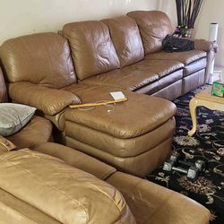 Large Brown Leather Sectional Sofa w/ Ottoman