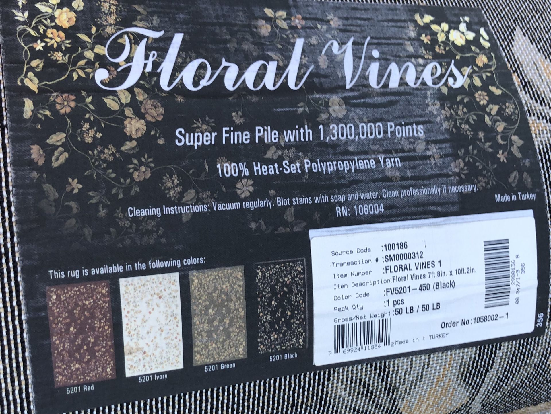 7’8” X 10’ 2” Beautiful Black Floral Rug