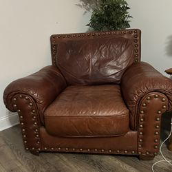 Leather Sofa, Chair & Ottoman W/ Nailhead Trim