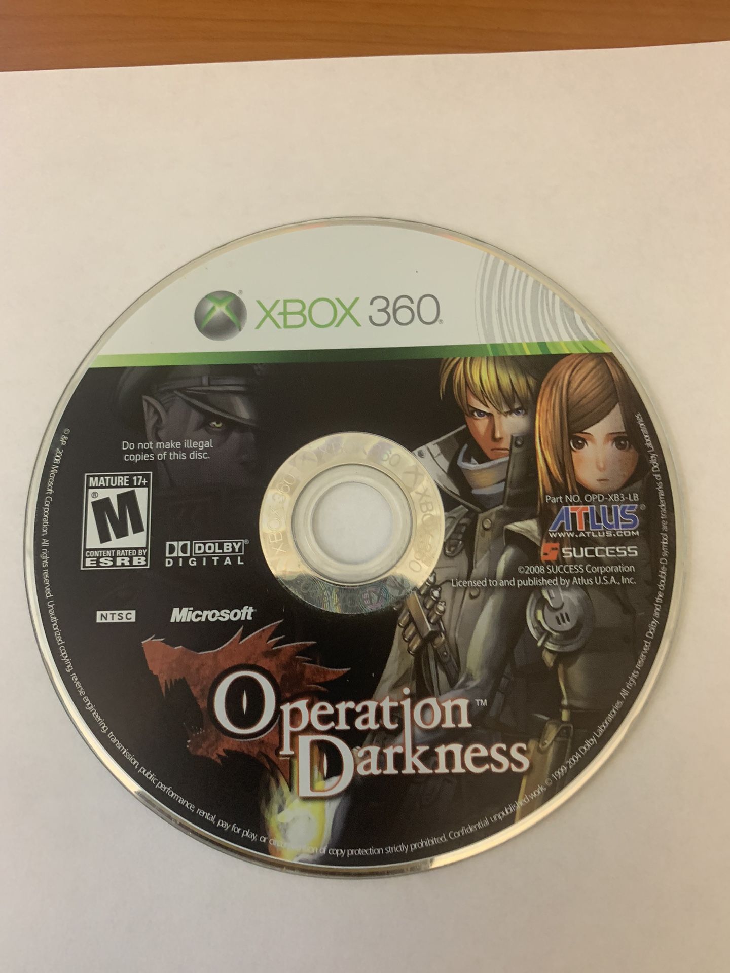 Operation Darkness (Xbox 360, 2008) DISC ONLY TESTED WORKING *Rare*