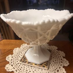 Westmoreland Milk Glass Compote 5 1/2” Pedestal Old Quilt Pattern centerpiece