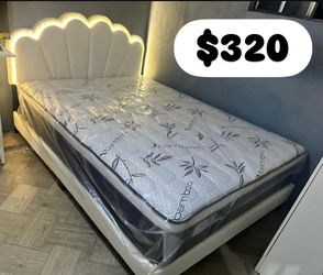 Bed with lighting and 12-inch-thick pillow-top mattress Queen sizes