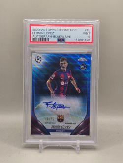 2023-24 Topps Chrome UEFA Club Competitions Fermin Lopez Rookie Autograph Blue Wave Refractor /75 PSA 9