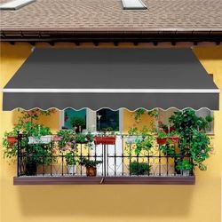 10′ × 8′ Retractable Awning, Manual Adjustable Patio Awning with PU Coating and Hand Crank, Dark Gray