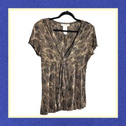 Seventh Avenue Tan & Black Leaves/Floral Print Blouse w Hanging Tie Wm XL