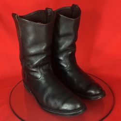 MENS VINTAGE RED WING PECOS PULL ON BOOTS  HEAVY DUTY  VIBRAM SOLES  DARK BROWN BLACK LEATHER  MADE IN USA  MENS SIZE 12 D WONDERFUL CONDITION 