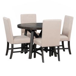 "Elegant TREXM 5-Piece Retro Dining Set: Black, with Extendable Round Table & 4 Upholstered Chairs for Dual Rooms"