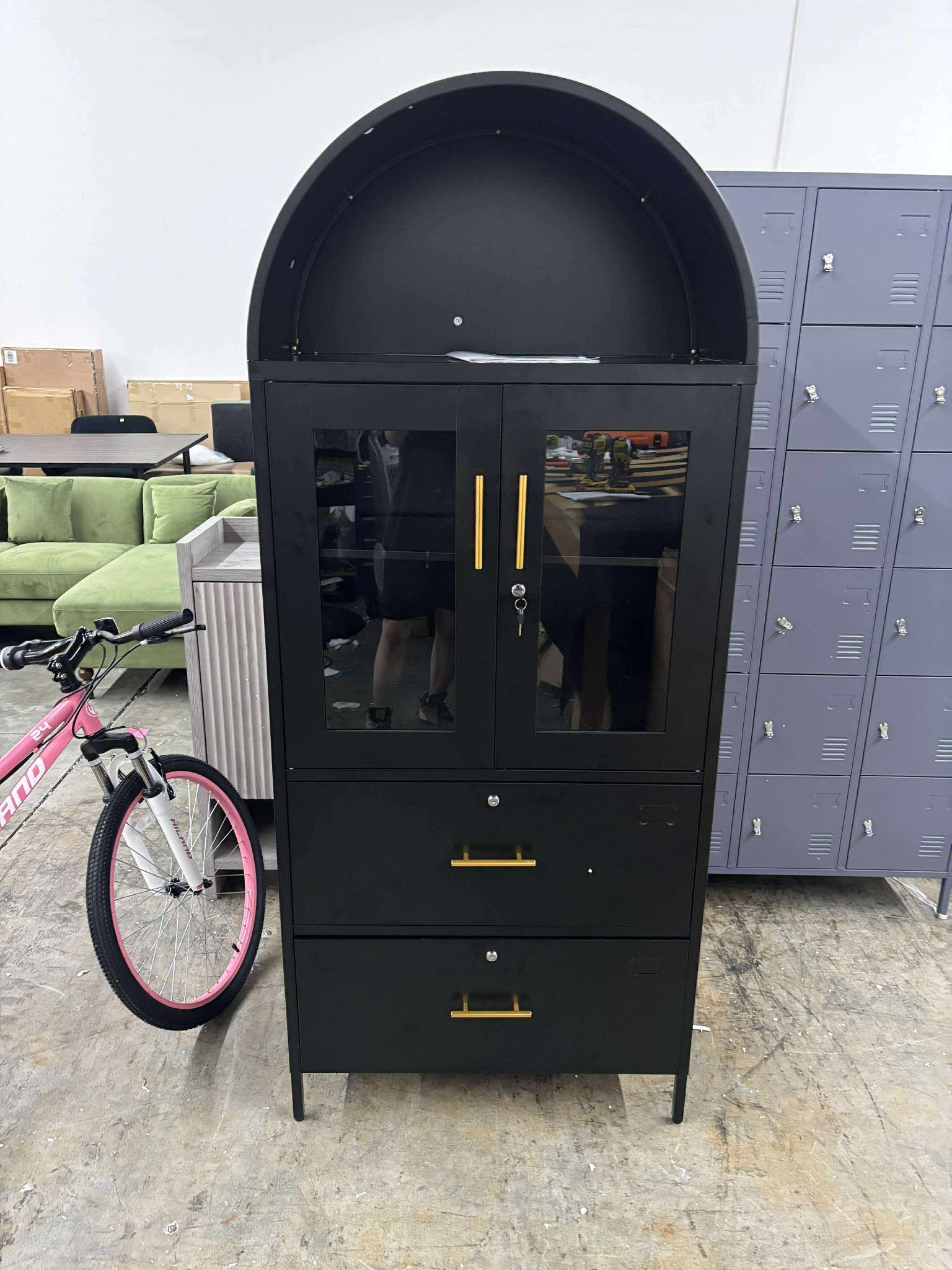 73-Inch Tall Metal Arched Display Cabinets with 2 Drawer Lateral File Cabinets