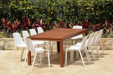 Brand New 11 Piece Rectangular Table With Stackable White Chairs Patio Dining Set | Ideal Furniture Set For Outdoor