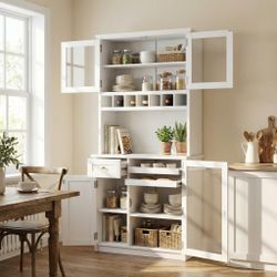 1 White Freestanding Kitchen Pantry Cabinet, Farmhouse Shaker Style, MDF with Tempered Glass Doors & Wine Rack, Dining Room Storage, Adjustable Shelve