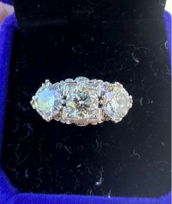 Vintage 3.41 ct natural three-stone diamond ring 14k white gold adjustable size