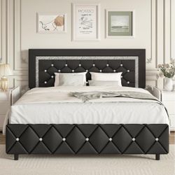 Queen Bed Frame with Headboard, Faux Leather Upholstered Bed with Button Tufted Headboard, Modern Platform Bed Frame with Diamond Design, No Box Sprin