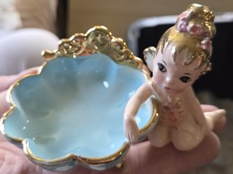 Josef Originals Sprite Trinket Dish Pixie Fairy Angel Baby Figurine Blue Pink Gold Rare