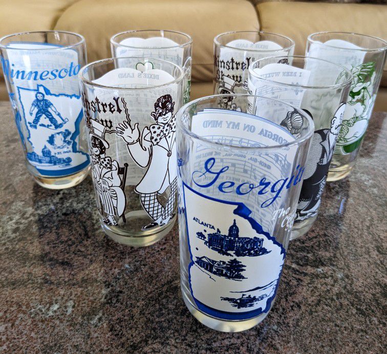 7 Vintage clear  8 OZ drinking glasses with sheet music and Cartoon  