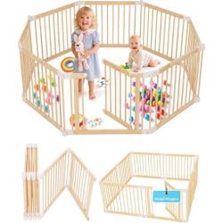 25" Tall Wood Playard Dual-Lock Door for Toddlers, 2-in-1 New Mom Helper Infants Fence, Adjustable Size Shape Large Play Yard
