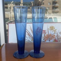 Vintage Pair Of Blue Pilsner Beer Glasses Glass Set 