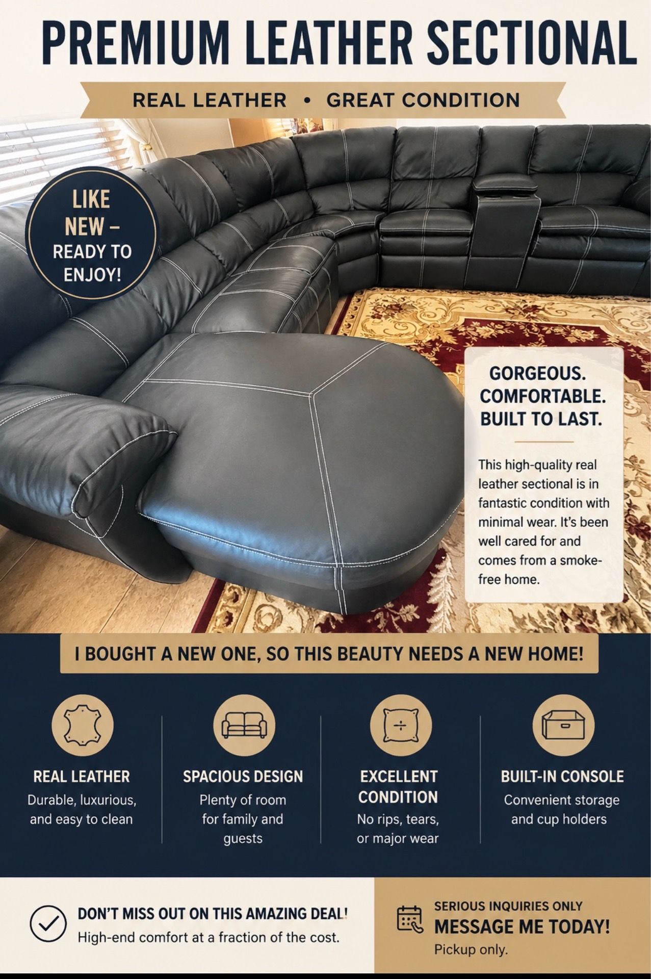 REAL LEATHER SECTIONAL – GREAT DEAL!