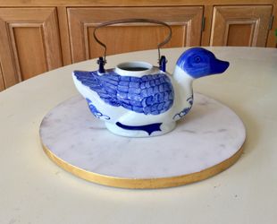 Blue and white ceramic asian porcelain duck tea pot planter art decor