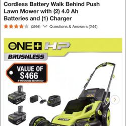 Ryobi ONE+ HP 18V Brushless 16 in. Cordless Battery Walk Behind Push Lawn Mower with (2) 4.0 Ah Batteries and (1) Charger 