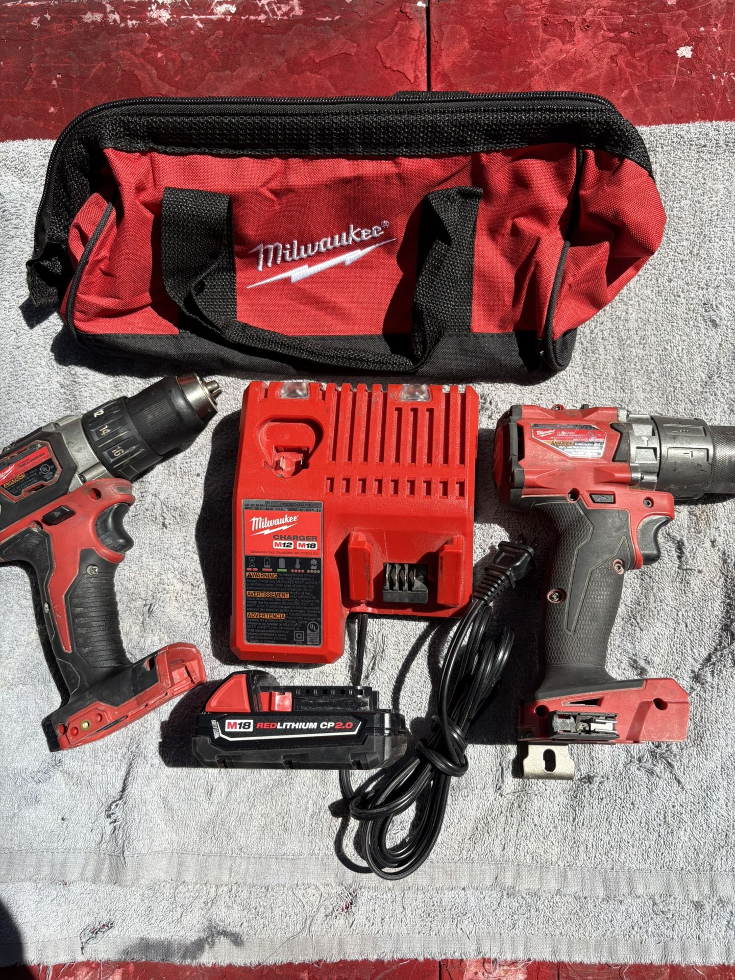 Milwaukee 18V -1/2” Drill Bundle-Clean—Brushless Fuel Hammer Drill & Drill Driver-New Battery/Charger, Canvas Bag