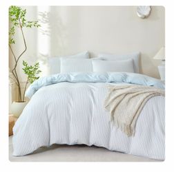 Light Blue Striped Duvet Cover Set King