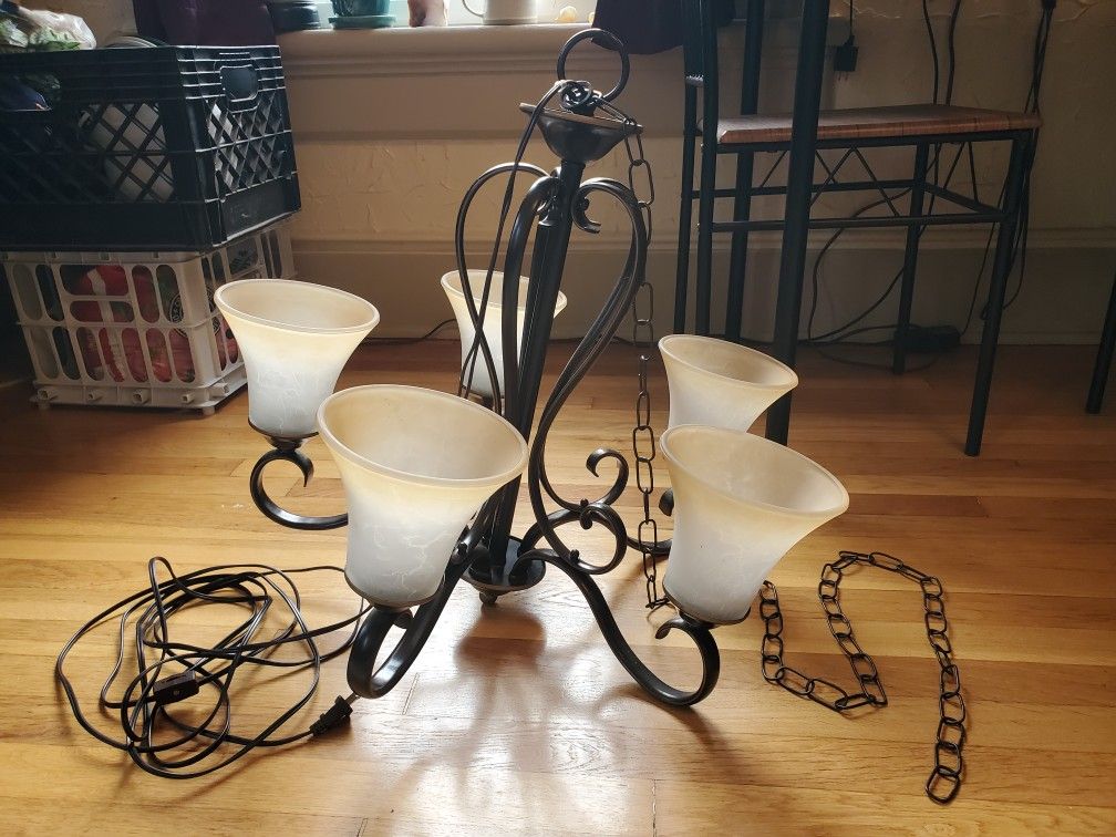 Gorgeous Quoizel Duchess Palladian Chandelier with Antique Bronze Color & Champagne Frosted Glass