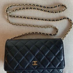 Authentic Chanel Wallet on Chain - Black Caviar Leather with Gold hardware