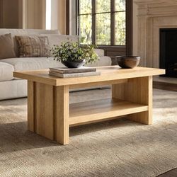 ModernMate 43" Coffee Table with Storage, Modern Center Table with Open Shelf, Thick Tabletop and Fluted Side Panels for Living Room, Natural