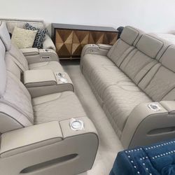 Light Gray Power  Leather Sofa Set