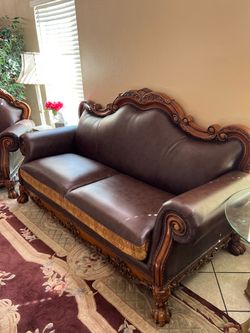 Vintage-Style / Traditional Ornate Carved Wood Sofa & Matching Armchair