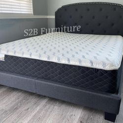 Full Grey Burlap Tufted Bed With Ortho Mattress Included!!