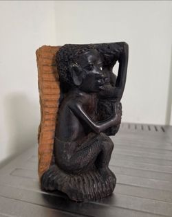 7" Hand-Carved Ebony Wood Sculpture-Makonde "Tree of Life" carving in African blackwood with two figures.Hand-carved ebony wood sculpture with a dark