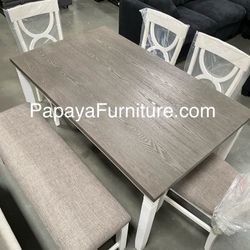 New! 6pcs White Rustic Dining Set, Dinette Set, Kitchen Table And Chairs, Table, Chairs, Bench, Casual Dining Set, Rectangular Dining Table, Dining Ro