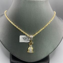 10Kt Gold And Diamond Money Bag Charm And Chain