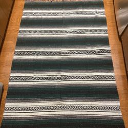 Vintage Mexican, Serape Blanket, Fringe, Green, White Black Tapestry