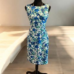 Calvin Klein Floral Sheath Dress Bodycon Side Rushing Blue, White, Green Size 6