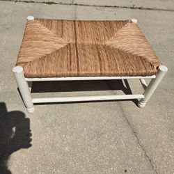 Vintage Rush Seat And Wood Bench Footstool Ottoman 